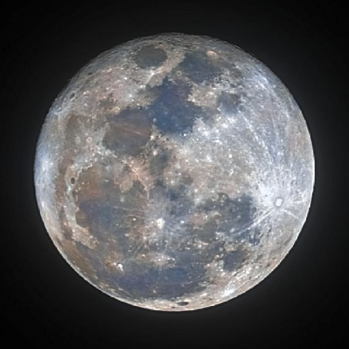 The same Moon in mineral colour: blue and orange maria, neutral highlands